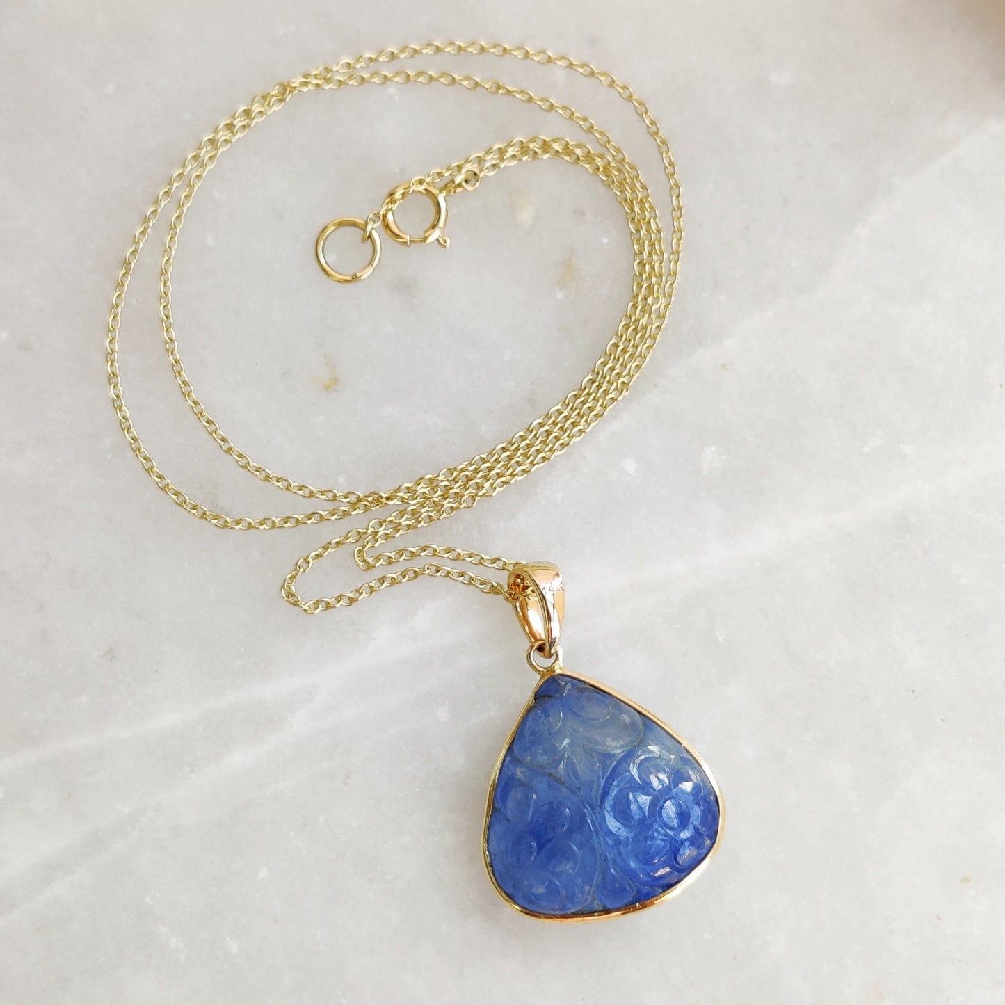 Natural Blue Sapphire Pendant, 14K Solid Yellow Gold Sapphire Pendant, Carving Sapphire Pendant, September Birthstone, Christmas Present