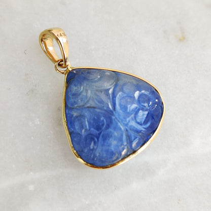 Natural Blue Sapphire Pendant, 14K Solid Yellow Gold Sapphire Pendant, Carving Sapphire Pendant, September Birthstone, Christmas Present