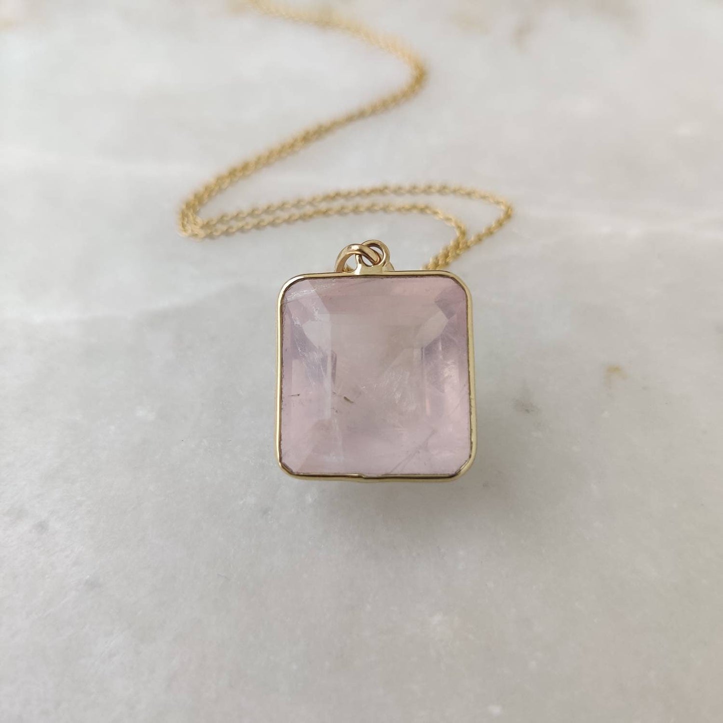 Natural Rose Quartz Pendant, 14K Solid Gold Rose Quartz Pendant, Solid Gold Bezel Pendant Necklace, January Birthstone, Christmas Gift,