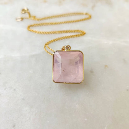 Natural Rose Quartz Pendant, 14K Solid Gold Rose Quartz Pendant, Solid Gold Bezel Pendant Necklace, January Birthstone, Christmas Gift,