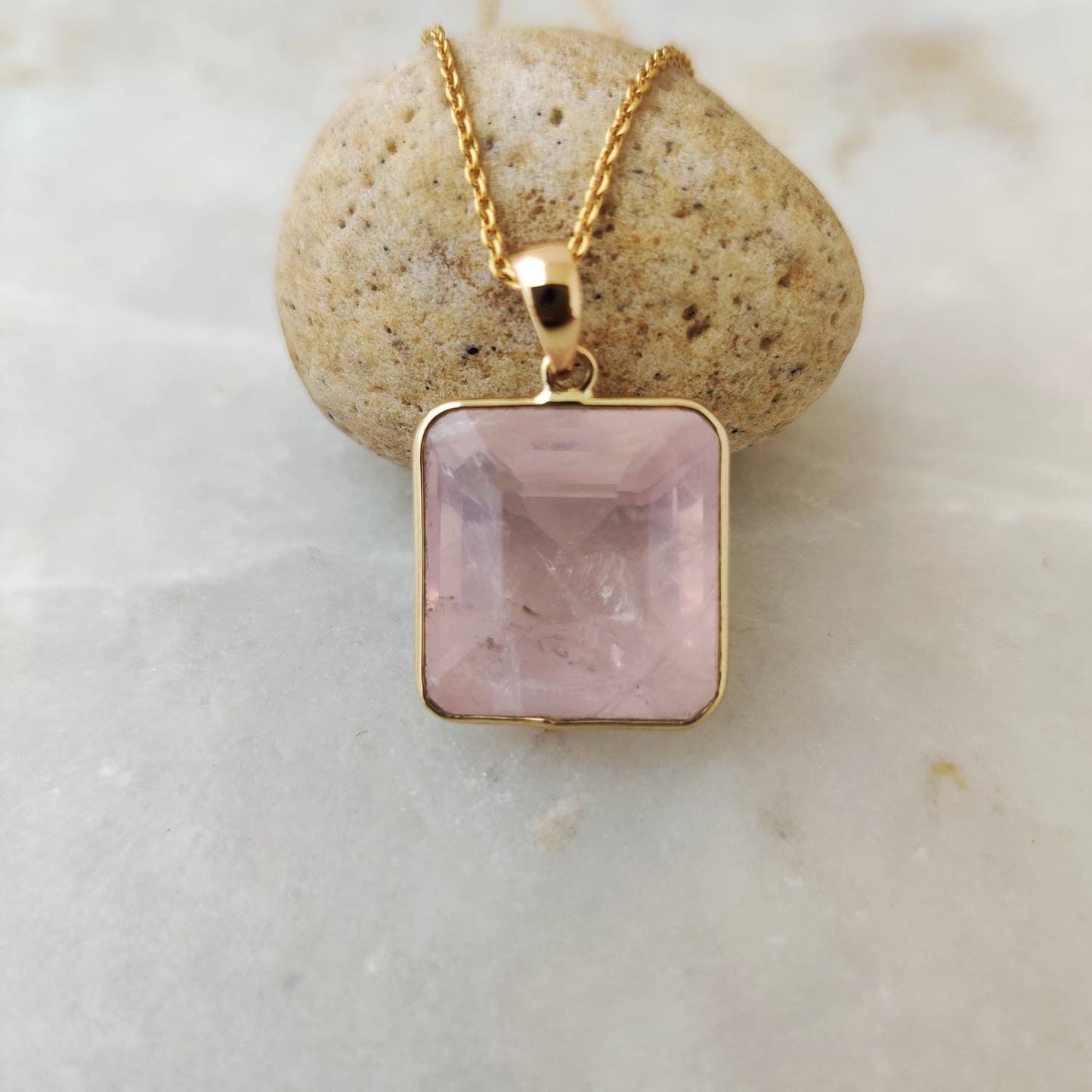 Natural Rose Quartz Pendant, 14K Solid Gold Rose Quartz Pendant, Solid Gold Bezel Pendant Necklace, January Birthstone, Christmas Gift,