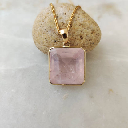 Natural Rose Quartz Pendant, 14K Solid Gold Rose Quartz Pendant, Solid Gold Bezel Pendant Necklace, January Birthstone, Christmas Gift,