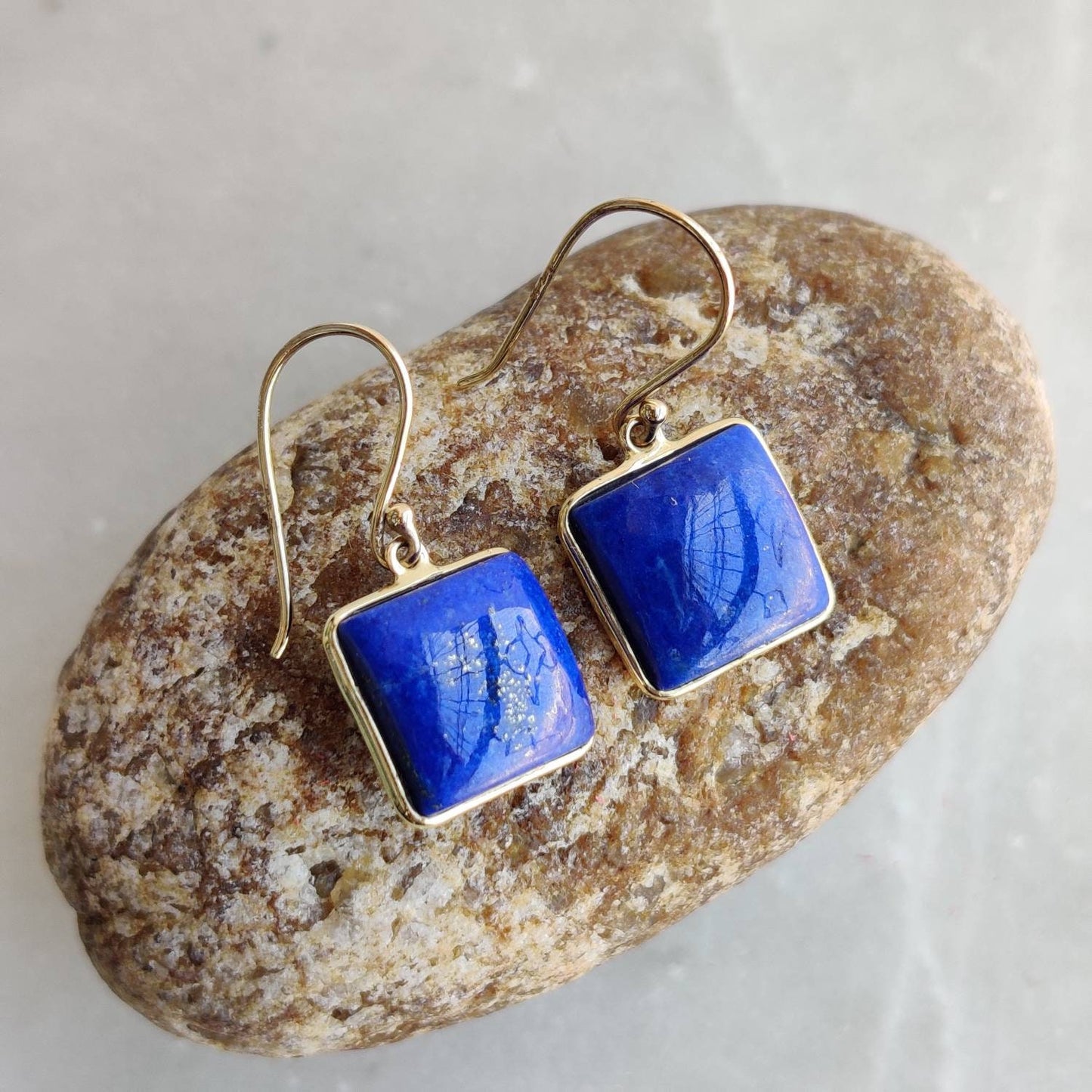 Natural Lapis Lazuli Earrings, 14K Solid Yellow Gold Earrings, Bezel Set Earrings, September Birthstone Drop Earrings, Christmas Present