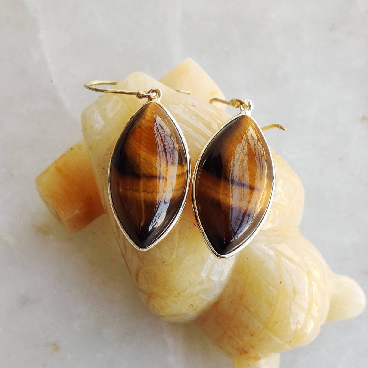 14K Gold Tiger Eye Earrings, Natural Tiger Eye Earrings, 14K Solid Yellow Gold Earrings, June Birthstone, Dangler Earrings, Christmas Gift