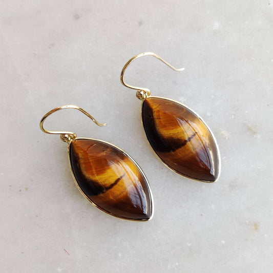 14K Gold Tiger Eye Earrings, Natural Tiger Eye Earrings, 14K Solid Yellow Gold Earrings, June Birthstone, Dangler Earrings, Christmas Gift