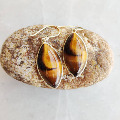 14K Gold Tiger Eye Earrings, Natural Tiger Eye Earrings, 14K Solid Yellow Gold Earrings, June Birthstone, Dangler Earrings, Christmas Gift