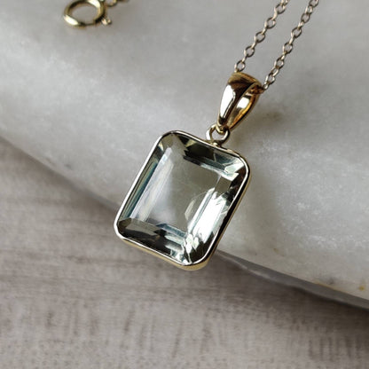 Natural Green Amethyst Pendant, 14K Solid Yellow Gold Pendant, February Birthstone Pendant, Green Amethyst Jewelry, Christmas Present