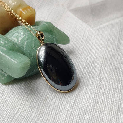 Natural Hematite Pendant, 14K Solid Gold Hematite Pendant, Solid Gold Pendant Necklace, December Birthstone, Christmas Gift, Bezel Pendant