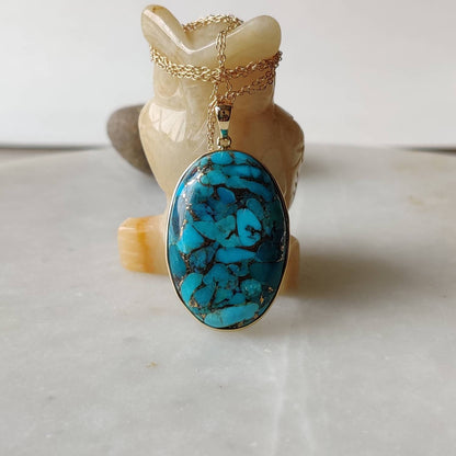 Natural Turquoise Pendant, 14K Solid Gold Turquoise Pendant, Solid Gold Pendant Necklace, December Birthstone, Bezel Pendant, Christmas Gift