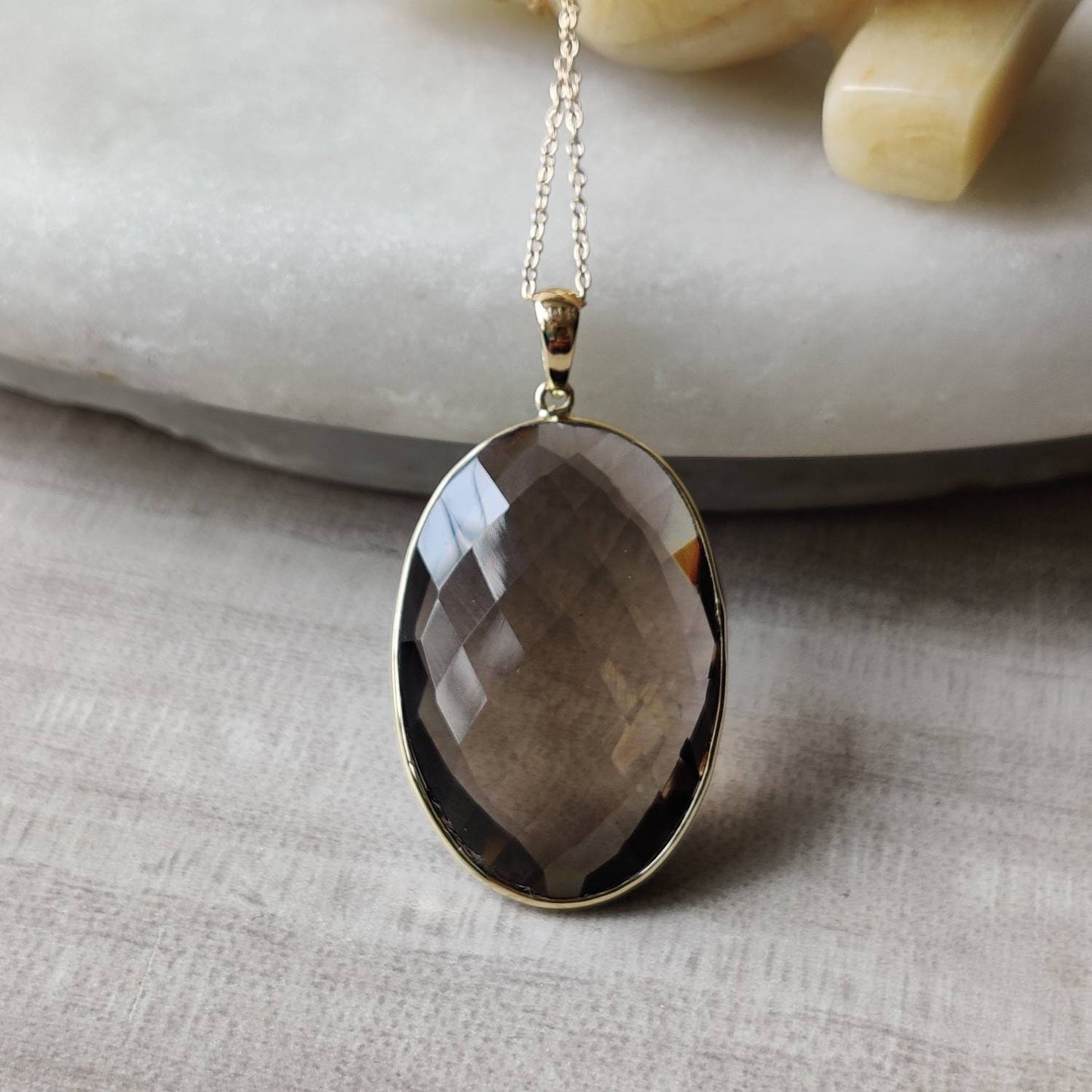 Natural Smoky Quartz Pendant, 14K Solid Yellow Gold Smoky Quartz Pendant, Solid Gold Oval Bezel Pendant, June Birthstone, Christmas Gift