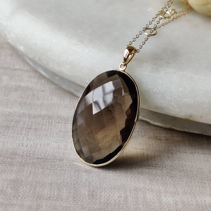 Natural Smoky Quartz Pendant, 14K Solid Yellow Gold Smoky Quartz Pendant, Solid Gold Oval Bezel Pendant, June Birthstone, Christmas Gift