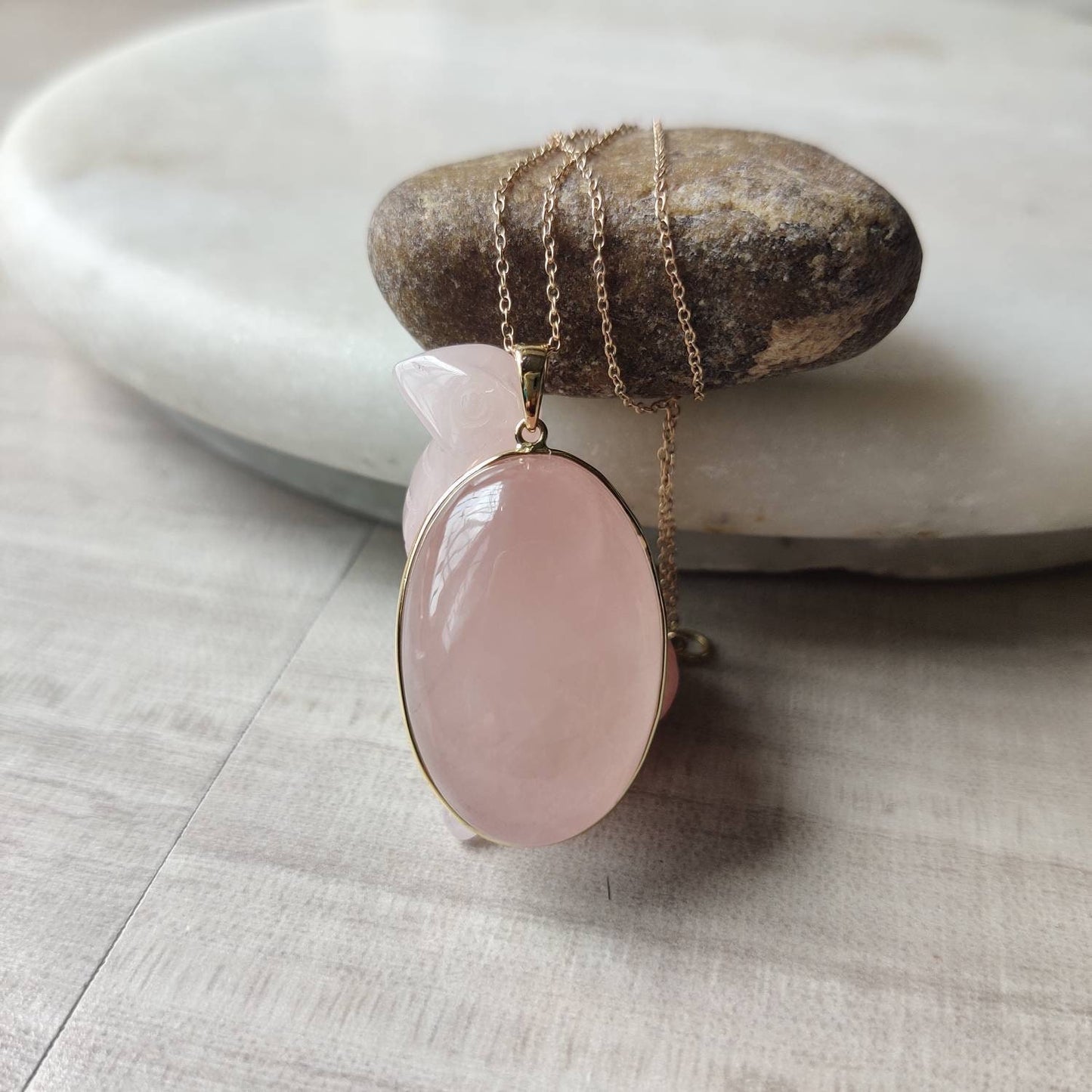 Natural Rose Quartz Pendant, 14K Solid Yellow Gold Pendant, January Birthstone Pendant, Rose Quartz Jewelry, Christmas Present