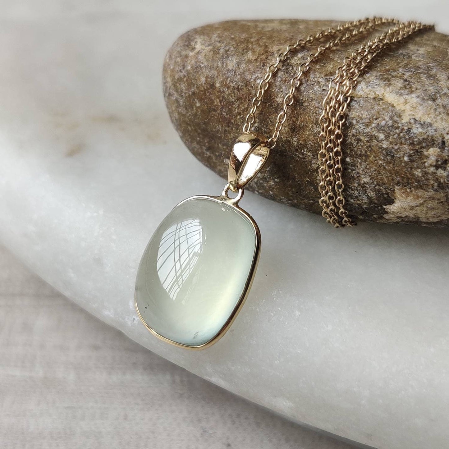 Natural Prehnite Pendant, 14K Solid Gold Prehnite Pendant, Solid Gold Pendant, May June Birthstone, Prehnite Bezel Pendant, Christmas Gift