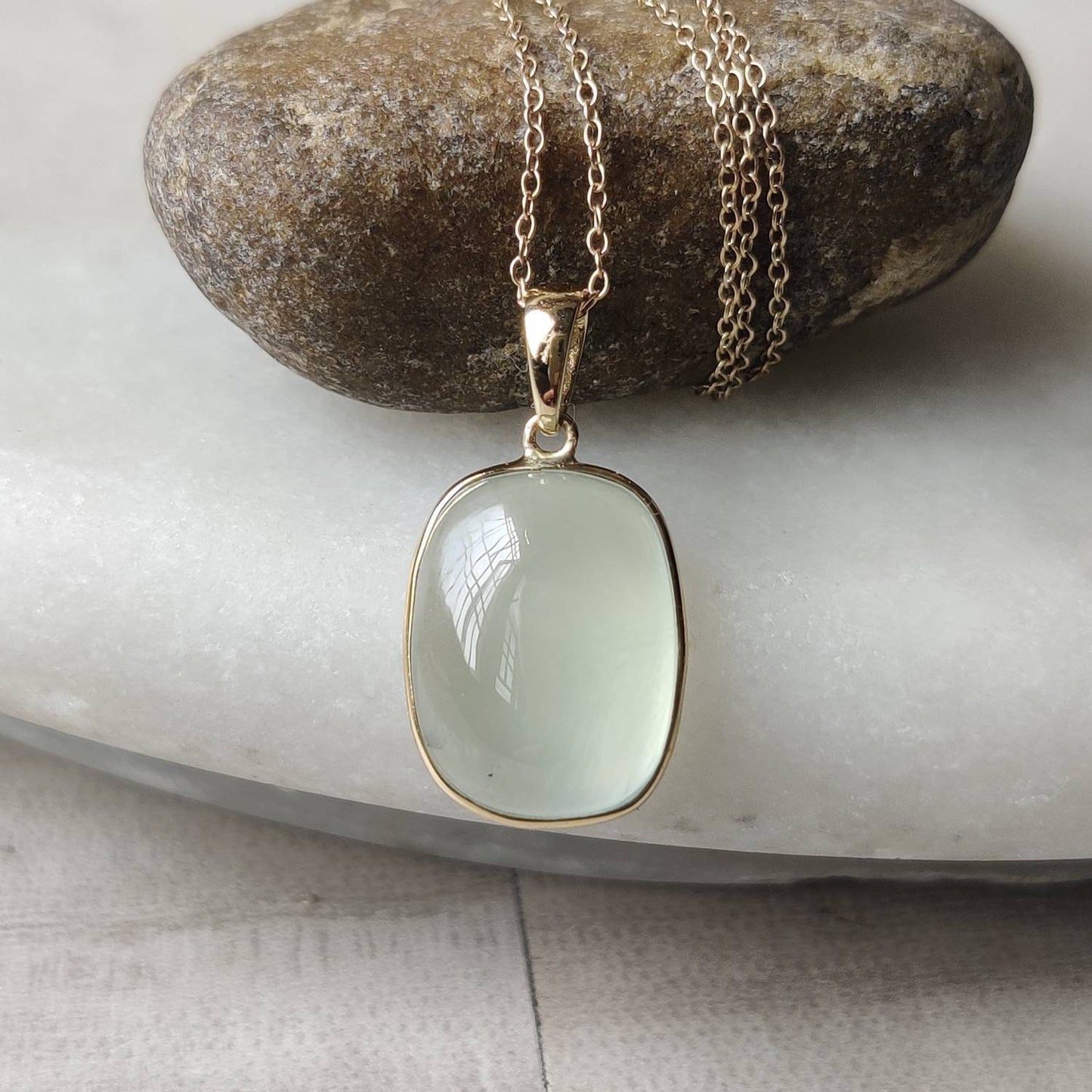 Natural Prehnite Pendant, 14K Solid Gold Prehnite Pendant, Solid Gold Pendant, May June Birthstone, Prehnite Bezel Pendant, Christmas Gift