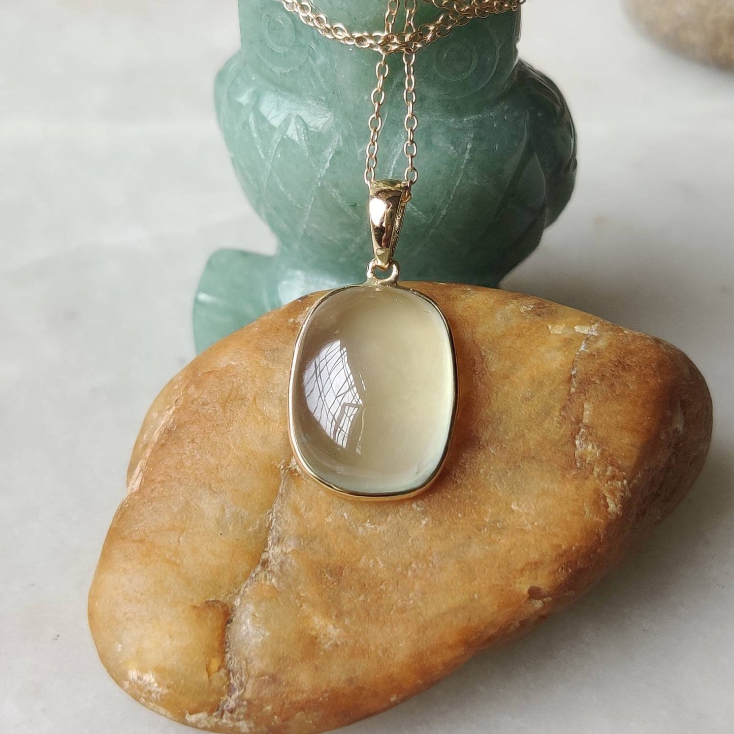 Natural Prehnite Pendant, 14K Solid Gold Prehnite Pendant, Solid Gold Pendant, May June Birthstone, Prehnite Bezel Pendant, Christmas Gift