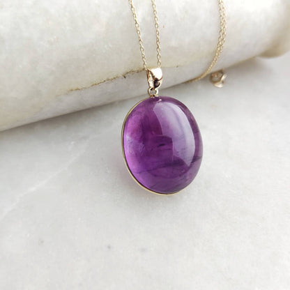 Natural Purple Amethyst Pendant, 14K Solid Gold Purple Amethyst Pendant, Solid Gold Oval Bezel Pendant, February Birthstone, Christmas Gift