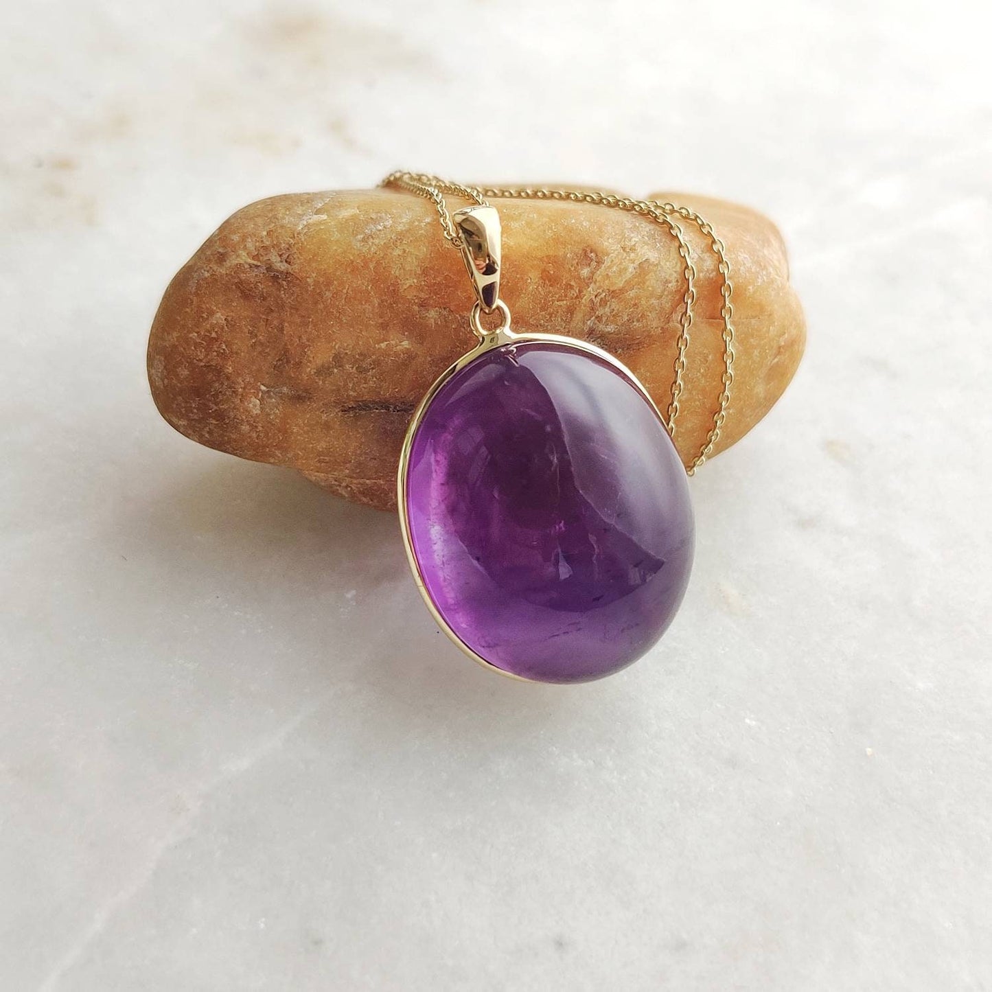 Natural Purple Amethyst Pendant, 14K Solid Gold Purple Amethyst Pendant, Solid Gold Oval Bezel Pendant, February Birthstone, Christmas Gift