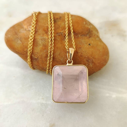 Natural Rose Quartz Pendant, 14K Solid Gold Rose Quartz Pendant, Solid Gold Bezel Pendant Necklace, January Birthstone, Christmas Gift,