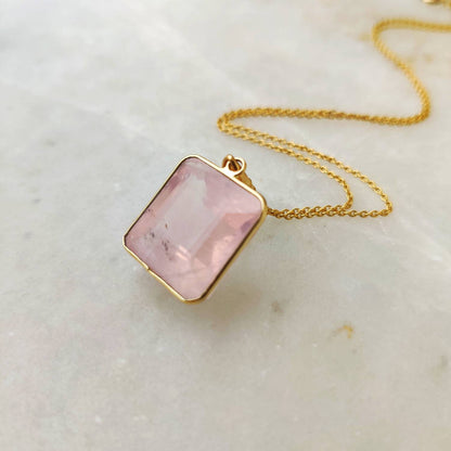 Natural Rose Quartz Pendant, 14K Solid Gold Rose Quartz Pendant, Solid Gold Bezel Pendant Necklace, January Birthstone, Christmas Gift,