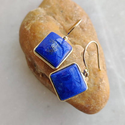 Natural Lapis Lazuli Earrings, 14K Solid Yellow Gold Earrings, Bezel Set Earrings, September Birthstone Drop Earrings, Christmas Present