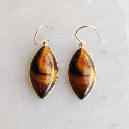 14K Gold Tiger Eye Earrings, Natural Tiger Eye Earrings, 14K Solid Yellow Gold Earrings, June Birthstone, Dangler Earrings, Christmas Gift