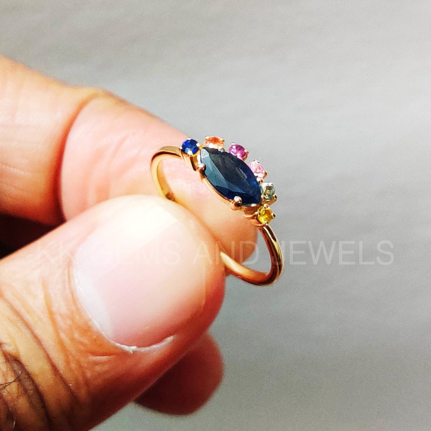 Natural Blue Sapphire 14K Solid Yellow Gold Ring, 14K Gold Blue Sapphire Multi Sapphire Ring, Christmas Gift, September Birthstone