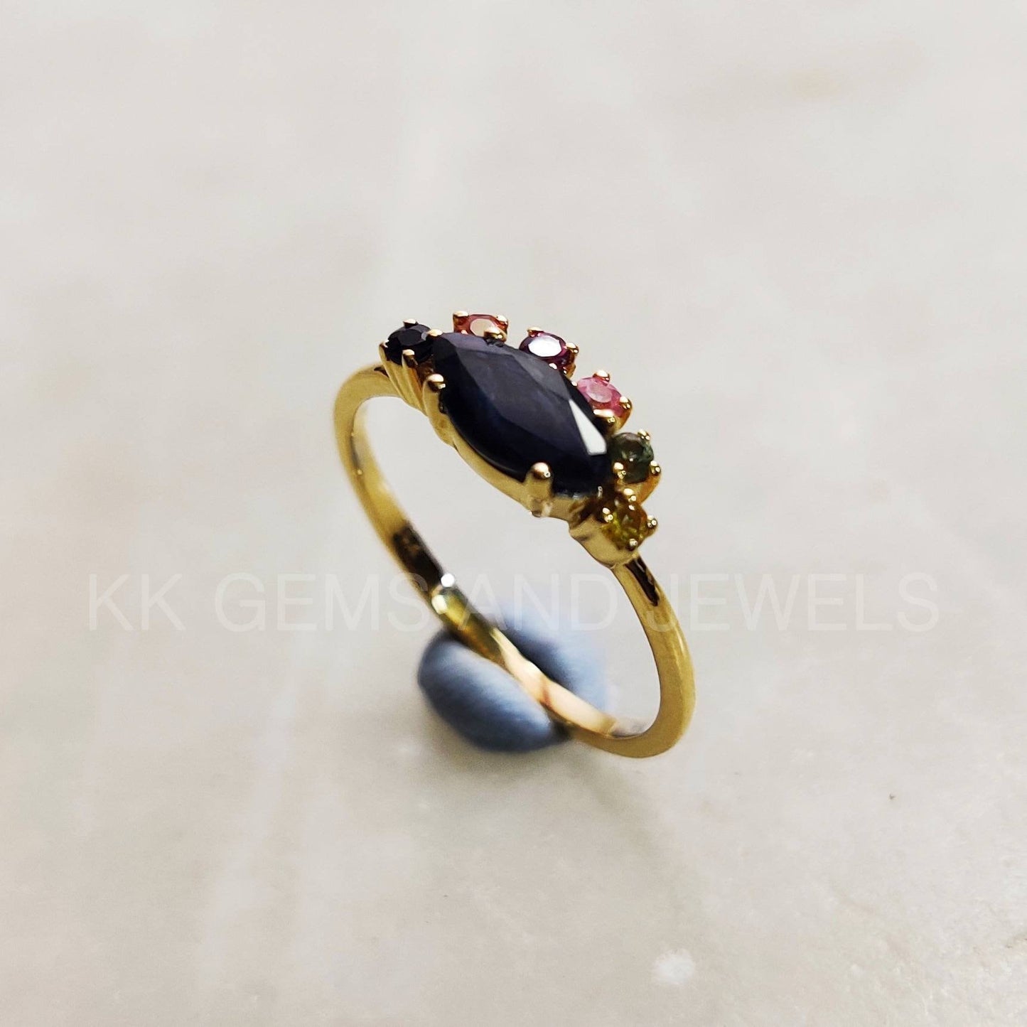 Natural Blue Sapphire 14K Solid Yellow Gold Ring, 14K Gold Blue Sapphire Multi Sapphire Ring, Christmas Gift, September Birthstone