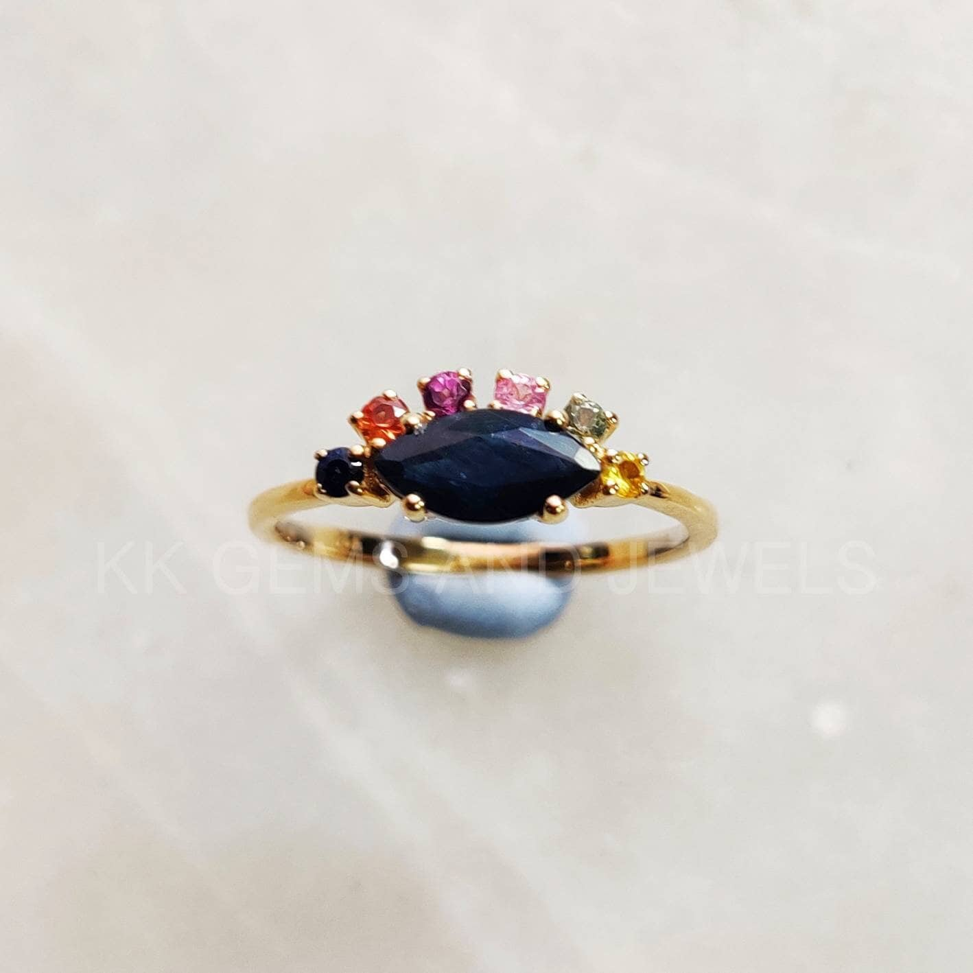 Natural Blue Sapphire 14K Solid Yellow Gold Ring, 14K Gold Blue Sapphire Multi Sapphire Ring, Christmas Gift, September Birthstone