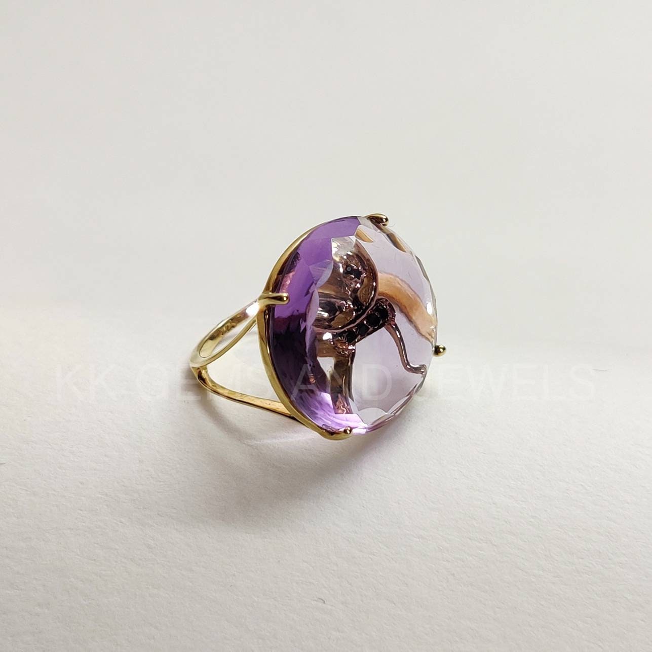 Natural Pink Amethyst Ring, 14K Solid Gold Ring, Pink Amethyst Black Diamond Ring, Cat Ornamented Ring, Gift For Cat lovers, Animal Ring