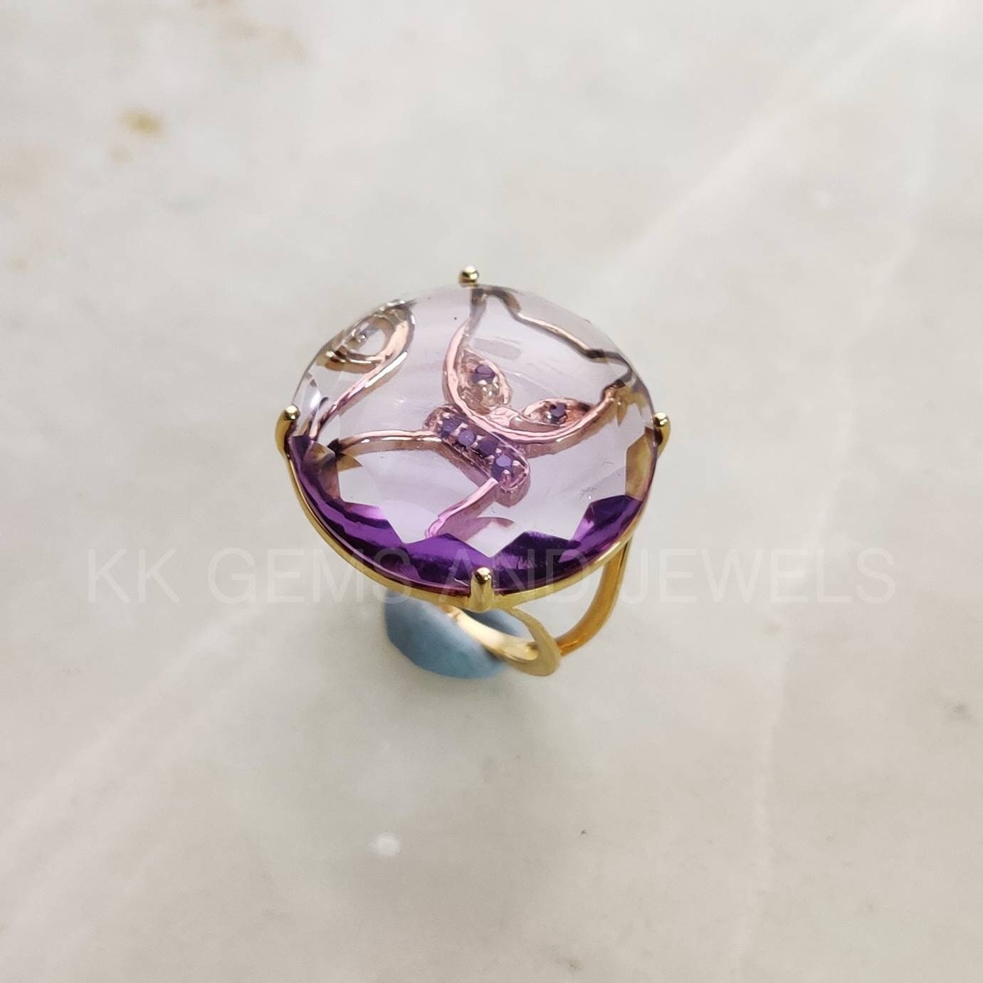 Natural Pink Amethyst Ring, 14K Solid Gold Ring, Pink Amethyst Black Diamond Ring, Cat Ornamented Ring, Gift For Cat lovers, Animal Ring