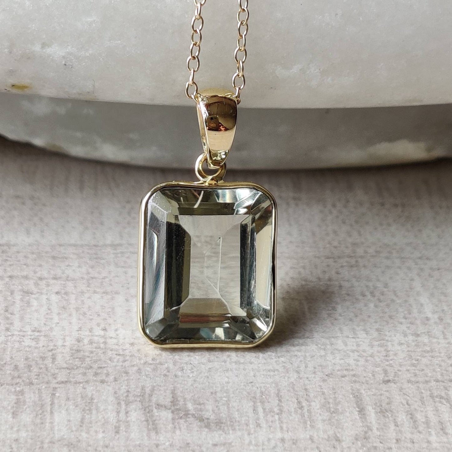 Natural Green Amethyst Pendant, 14K Solid Yellow Gold Pendant, February Birthstone Pendant, Green Amethyst Jewelry, Christmas Present