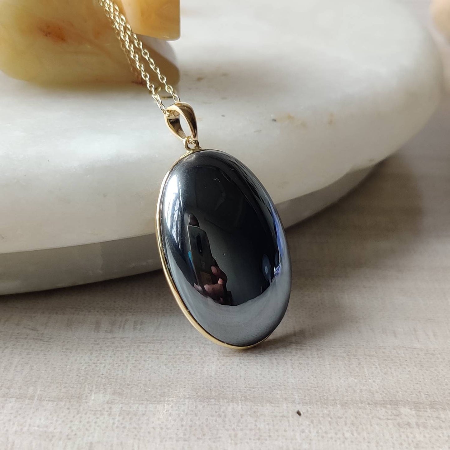 Natural Hematite Pendant, 14K Solid Gold Hematite Pendant, Solid Gold Pendant Necklace, December Birthstone, Christmas Gift, Bezel Pendant