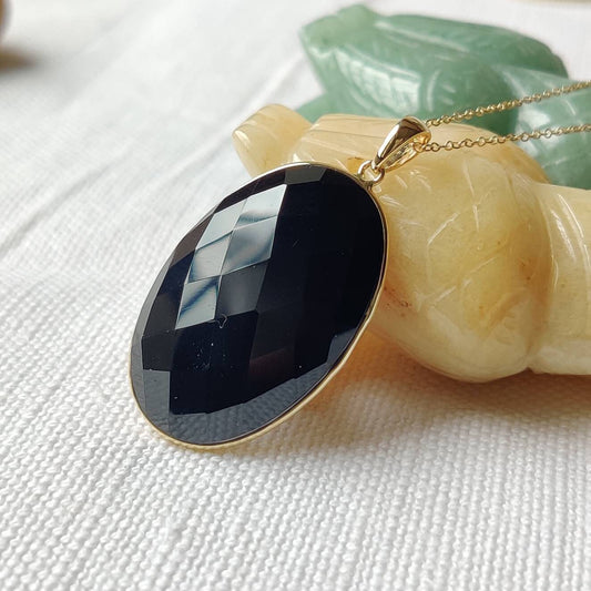 Natural Black Onyx Pendant, 14K Solid Yellow Gold Black Onyx Pendant, December Birthstone, Christmas Gift, Bezel Pendant, Onyx Jewelry