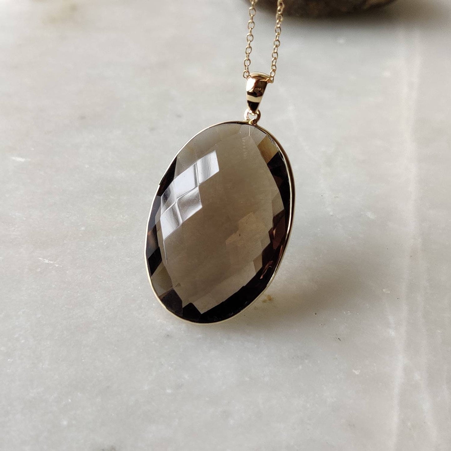 Natural Smoky Quartz Pendant, 14K Solid Yellow Gold Smoky Quartz Pendant, Solid Gold Oval Bezel Pendant, June Birthstone, Christmas Gift