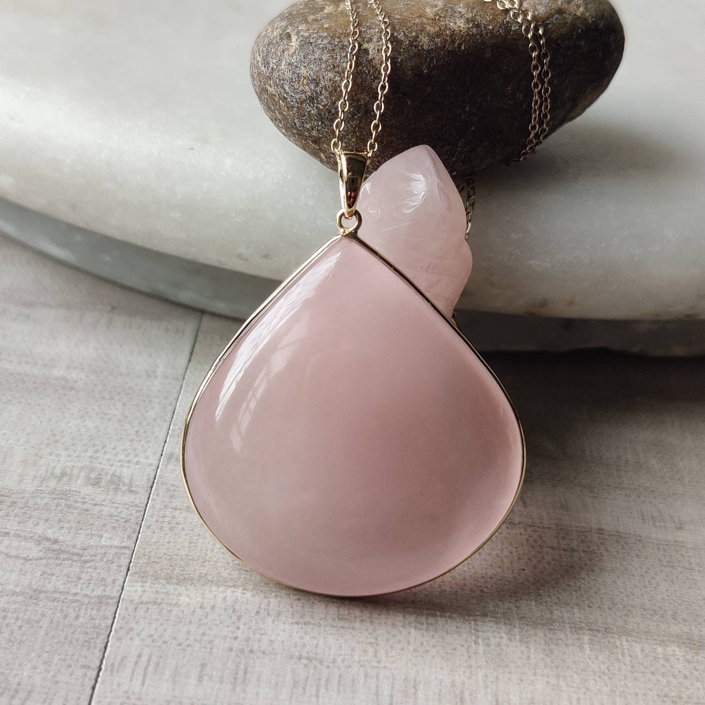 Natural Rose Quartz Pendant, 14K Solid Gold Rose Quartz Pendant, Solid Gold Pendant, January Birthstone, Bezel Pendant, Christmas Gift