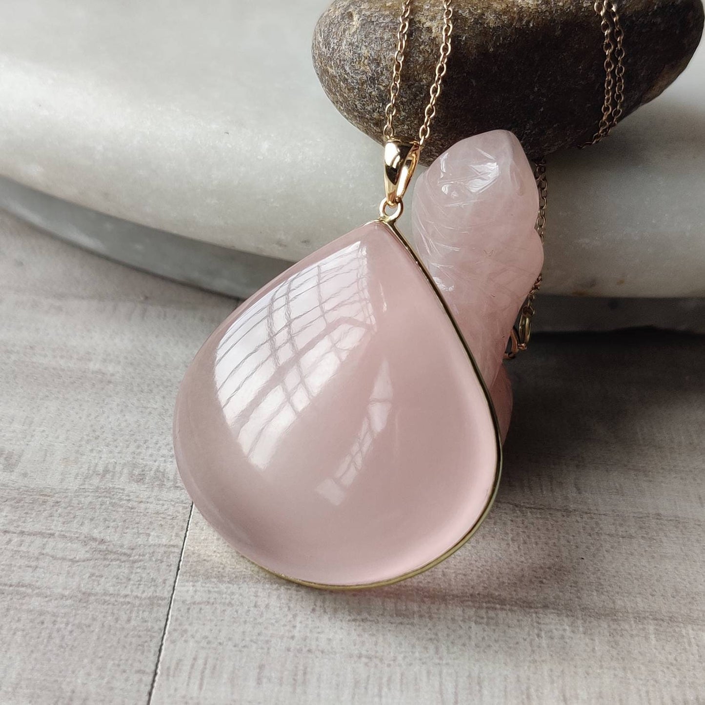 Natural Rose Quartz Pendant, 14K Solid Gold Rose Quartz Pendant, Solid Gold Pendant, January Birthstone, Bezel Pendant, Christmas Gift