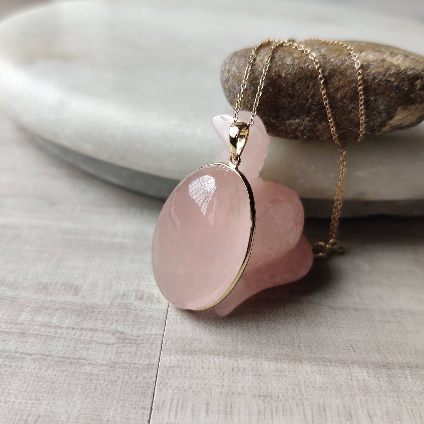 Natural Rose Quartz Pendant, 14K Solid Yellow Gold Pendant, January Birthstone Pendant, Rose Quartz Jewelry, Christmas Present