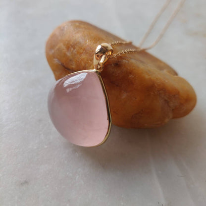 Natural Rose Quartz Pendant, 14K Solid Gold Rose Quartz Pendant, Gold Bezel Pendant, January Birthstone, Rose Quartz Jewelry, Christmas Gift