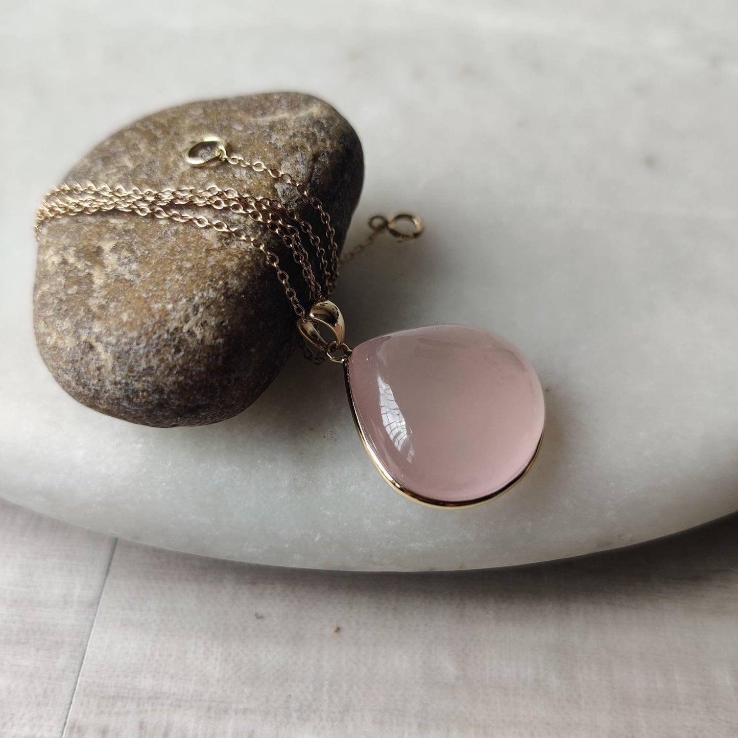 Natural Rose Quartz Pendant, 14K Solid Gold Rose Quartz Pendant, Gold Bezel Pendant, January Birthstone, Rose Quartz Jewelry, Christmas Gift