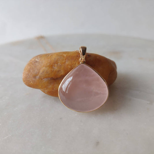 Natural Rose Quartz Pendant, 14K Solid Gold Rose Quartz Pendant, Gold Bezel Pendant, January Birthstone, Rose Quartz Jewelry, Christmas Gift