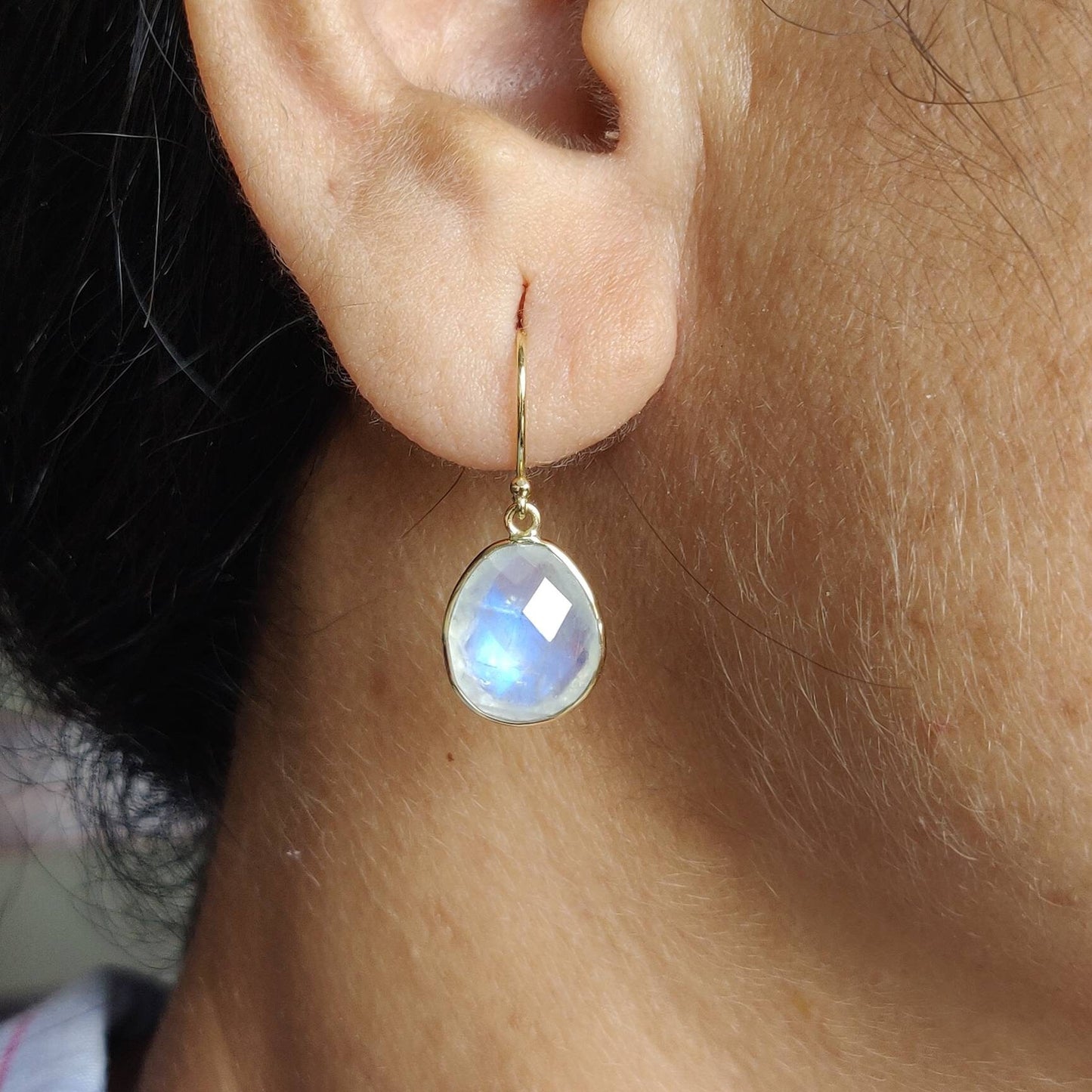 14K Gold Rainbow Moonstone Earrings, Natural Rainbow Moonstone Bezel Earrings, 14K Solid Yellow Gold Earring, Drop Earrings, June Birthstone