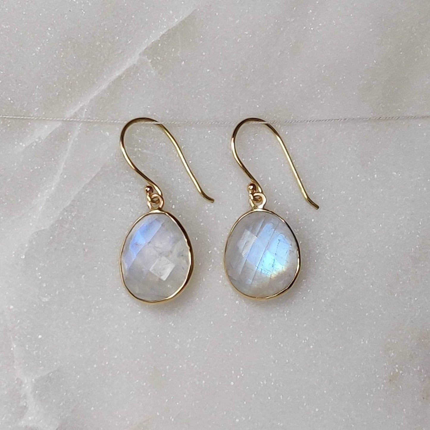 14K Gold Rainbow Moonstone Earrings, Natural Rainbow Moonstone Bezel Earrings, 14K Solid Yellow Gold Earring, Drop Earrings, June Birthstone