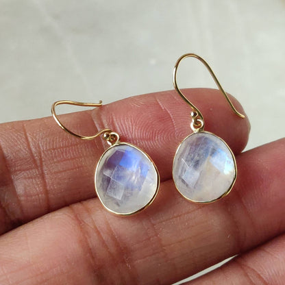 14K Gold Rainbow Moonstone Earrings, Natural Rainbow Moonstone Bezel Earrings, 14K Solid Yellow Gold Earring, Drop Earrings, June Birthstone