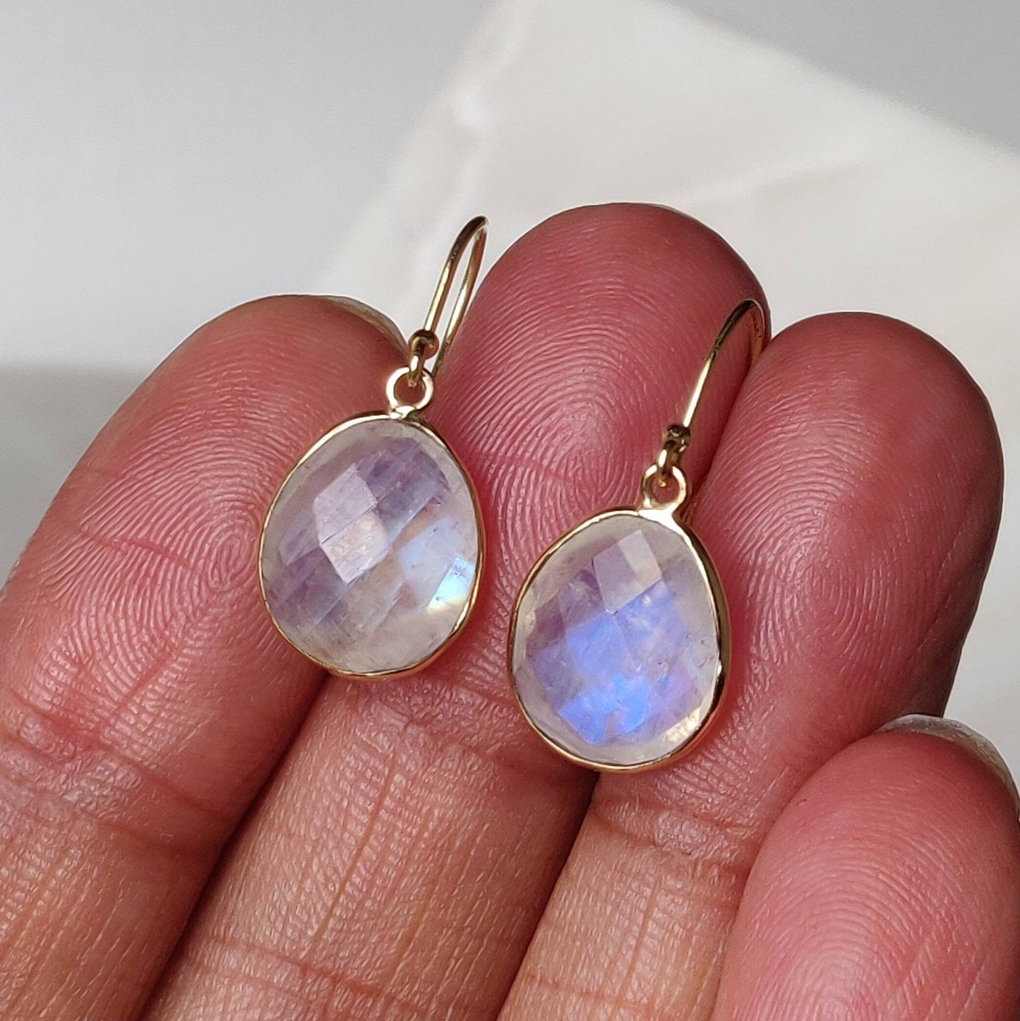 14K Gold Rainbow Moonstone Earrings, Natural Rainbow Moonstone Bezel Earrings, 14K Solid Yellow Gold Earring, Drop Earrings, June Birthstone