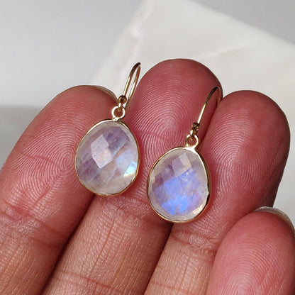 14K Gold Rainbow Moonstone Earrings, Natural Rainbow Moonstone Bezel Earrings, 14K Solid Yellow Gold Earring, Drop Earrings, June Birthstone