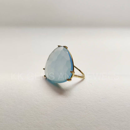 Natural Blue Chalcedony Ring, 14K Solid Gold Ring, 14K Gold Blue Chalcedony Ring, March Birthstone, Blue Chalcedony Jewelry, Christmas Gift