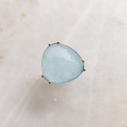 Natural Blue Chalcedony Ring, 14K Solid Gold Ring, 14K Gold Blue Chalcedony Ring, March Birthstone, Blue Chalcedony Jewelry, Christmas Gift