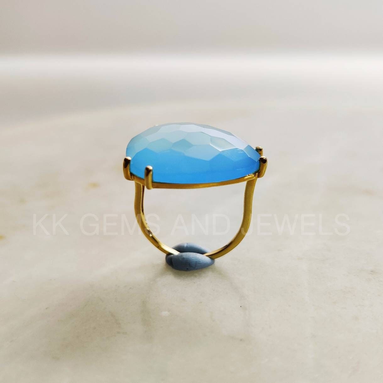 Natural Blue Chalcedony Ring, 14K Solid Gold Ring, 14K Gold Blue Chalcedony Ring, March Birthstone, Blue Chalcedony Jewelry, Christmas Gift