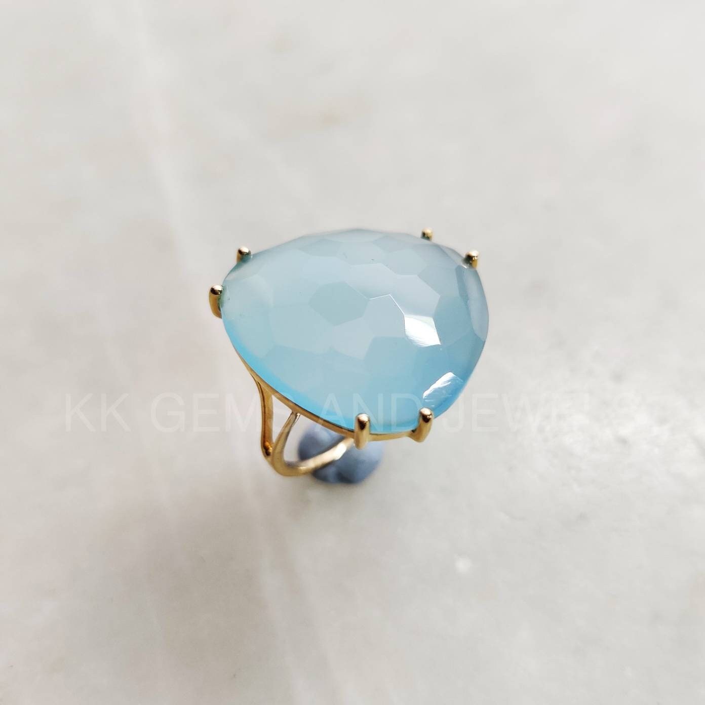 Natural Blue Chalcedony Ring, 14K Solid Gold Ring, 14K Gold Blue Chalcedony Ring, March Birthstone, Blue Chalcedony Jewelry, Christmas Gift