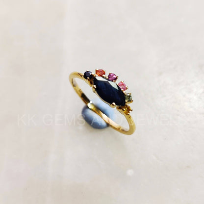 Natural Blue Sapphire 14K Solid Yellow Gold Ring, 14K Gold Blue Sapphire Multi Sapphire Ring, Christmas Gift, September Birthstone